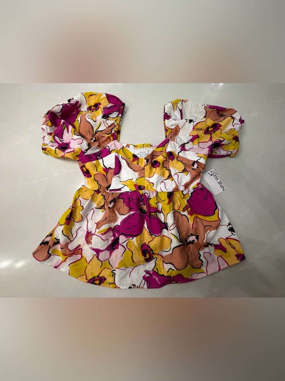 Nine West White Floral Puff Sleeve Blouse with Pink Yellow & Tan Blooms, L